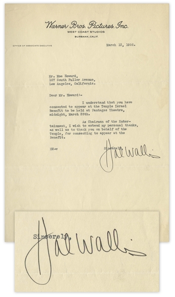 Famed Hollywood Producer, Hal Wallis Letter Signed to Moe Howard -- Dated March 1936 On Warner Bros. Stationery, Wallis Thanks Moe for Attending Charity Benefit -- 7.25'' x 10.5'', Near Fine